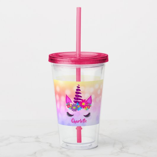 Unicorn Blume Super Niedlich Girly Personalisiert Acryltrinkbecher (Vorderseite)