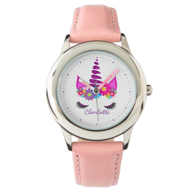 Unicorn Blume Super Niedlich Girly Personalisiert Armbanduhr (Vorderseite)