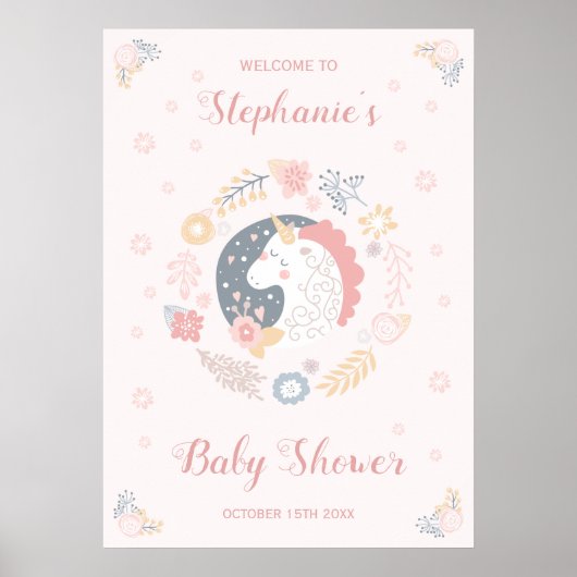 Unicorn Blush Florals Babydusche Personalisiert Poster (Vorne)