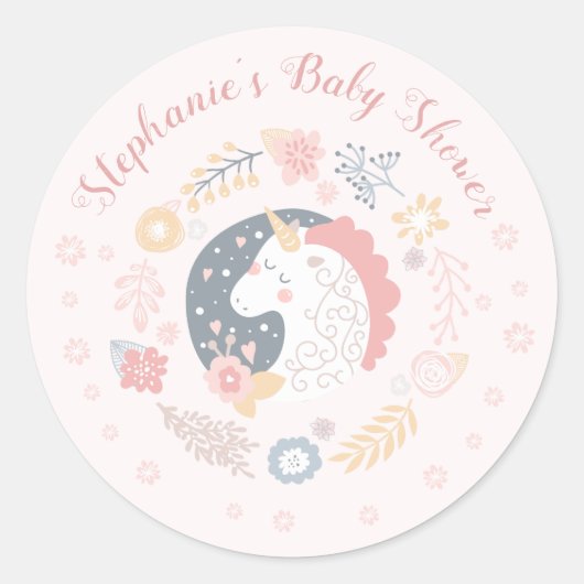 Unicorn Blush Florals Babydusche Personalisiert Runder Aufkleber (Vorderseite)