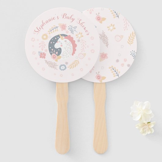 Unicorn Blush Florals Kinderdusche Einladungen Fächer (Vorne und Hinten)