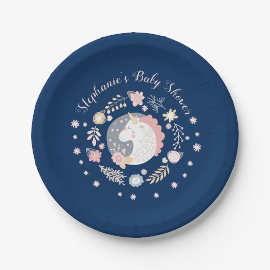 Unicorn Blush & Navy Baby Dusche Personalisiert Pappteller (Vorderseite)