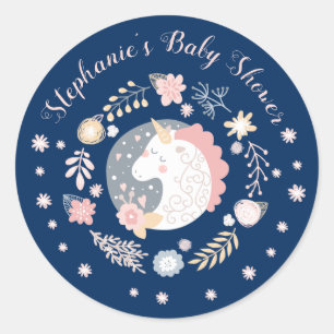 Unicorn Blush & Navy Baby Dusche Personalisiert Runder Aufkleber