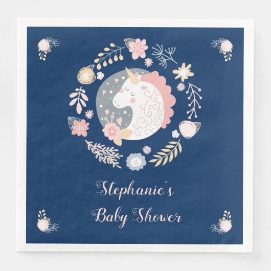 Unicorn Blush & Navy Baby Dusche Personalisiert Serviette (Vorderseite)