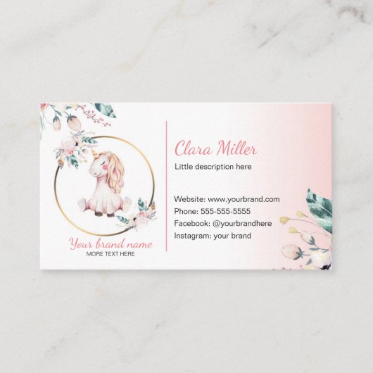 Unicorn boho Visitenkarte Aquarell aquamarin rosa (Vorderseite)