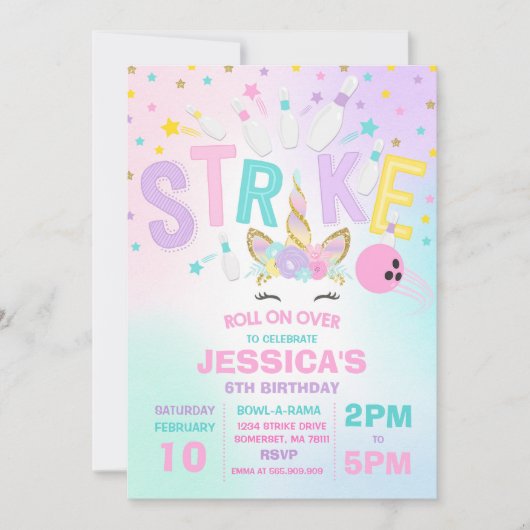 Unicorn Bowling Einladung Bowling Birthday Party (Vorderseite)