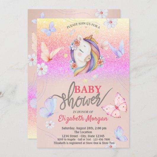 Unicorn Butterflies Glitzer Baby Shower Einladung (Vorne/Hinten)