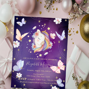 Unicorn Butterflies Glitzer Violet Baby Dusche Einladung