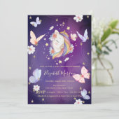 Unicorn Butterflies Glitzer Violet Baby Dusche Einladung (Stehend Vorderseite)