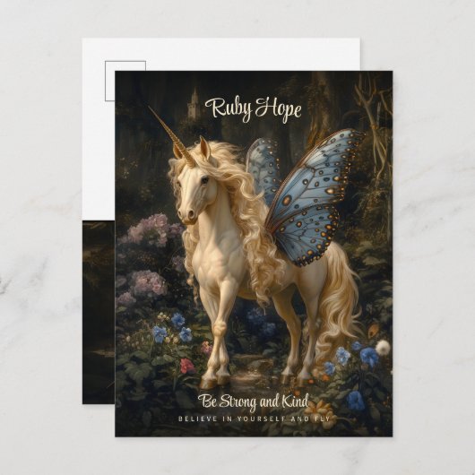 Unicorn Butterfly Flügel Worte ermutigen Postkarte (Vorne/Hinten)