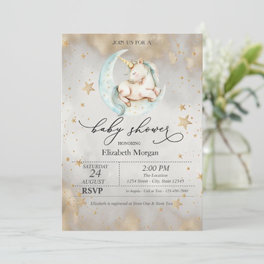 Unicorn Celestial Moon Stars Kinderdusche Einladung (Stehend Vorderseite)