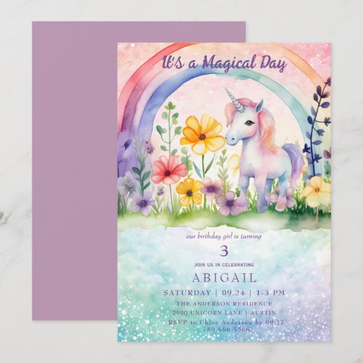 Unicorn Colorful Girl Birthday Party Einladung (Vorne/Hinten)