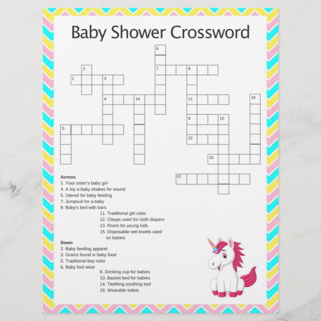 Unicorn Crossword Baby Shower Game (Vorderseite)