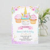 Unicorn cupcake birthday party invitation einladung (Stehend Vorderseite)