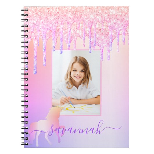 Unicorn Custom Foto Glitzer Rosa Regenbogenfunkel Notizblock (Vorderseite)