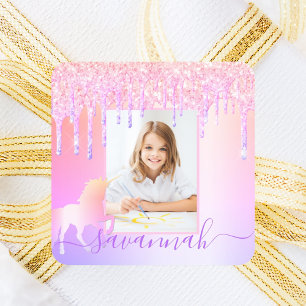 Unicorn Custom Foto Glitzer Rosa Regenbogenfunkel Quadratischer Aufkleber