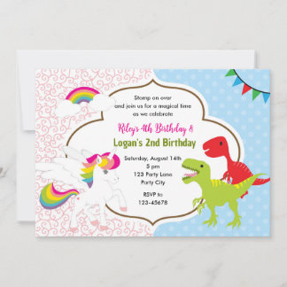 Unicorn & Dinosaur Joint Boy Girl Birthday Invites Einladung