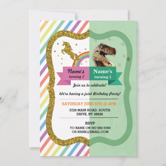 Unicorn & Dinosaur Joint Boy Girl Birthday Invites Einladung (Vorderseite)