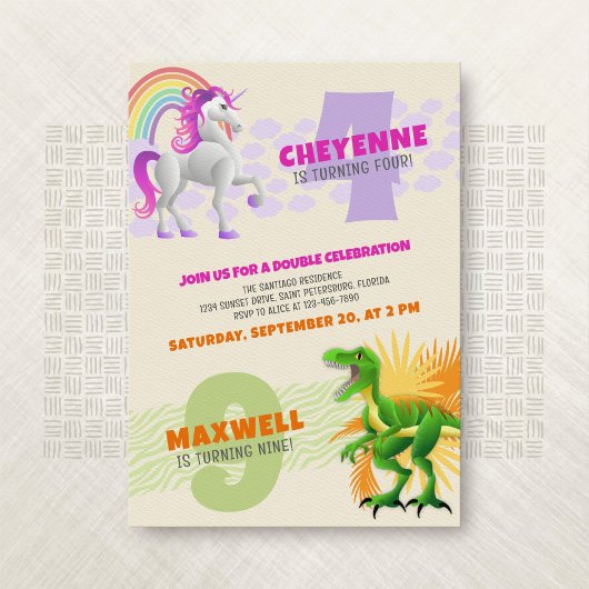 Unicorn Dinosaur Joint Double Birthday Einladung
