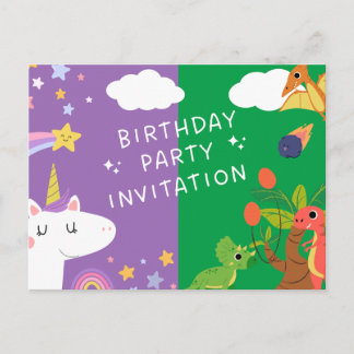 Unicorn & Dinosaurier Einladungspostkarte