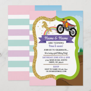Unicorn & Dirt Bike Boy Girl Shared Geburtstag Einladung