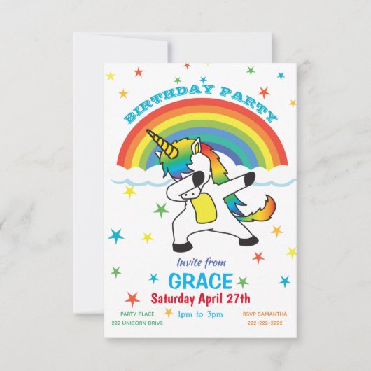 Unicorn Doing the Dab Rainbow & Stars laden ein Einladung (Vorderseite)