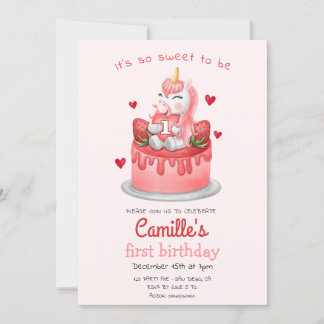 Unicorn Erdbeerkuchen Geburtstag Einladung