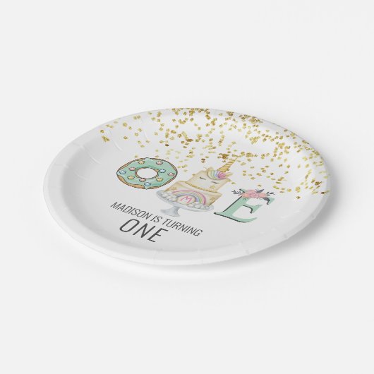 Unicorn Erstgeburt Gold Aqua Rosa Papierplatte Pappteller (Schrägansicht)