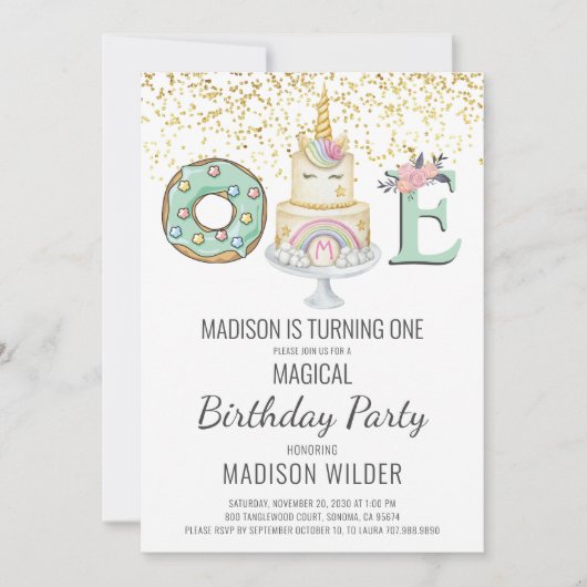 Unicorn Erstgeburt Gold Aqua Rosa Weiß Einladung (Vorderseite)