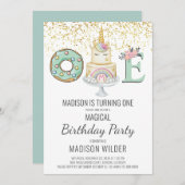 Unicorn Erstgeburt Gold Aqua Rosa Weiß Einladung (Vorne/Hinten)