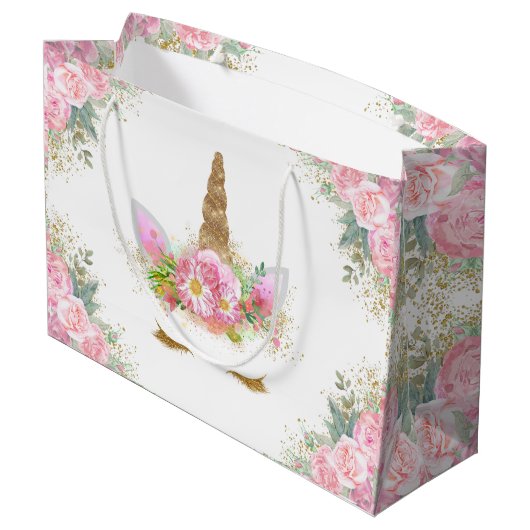Unicorn Face Girl Baby Shower Große Geschenktüte (Rückseite Schrägansicht)