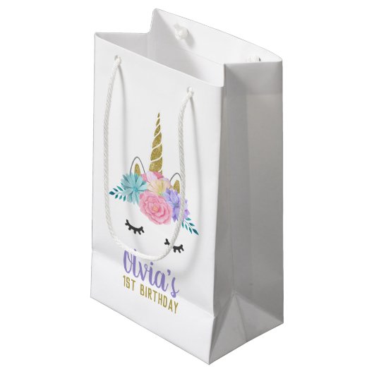 Unicorn Face Gold Glitzer Geburtstagsgeschenktasch Kleine Geschenktüte (Vorderseite Schrägansicht)