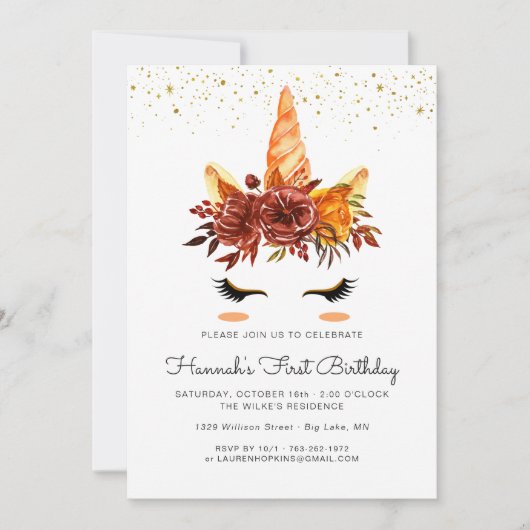 Unicorn Face Herbst Blumengeburt Einladung (Vorderseite)