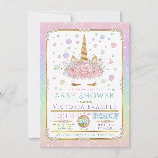 Unicorn Face Pearl Unicorn Kinderdusche Einladunge Einladung (Vorderseite)