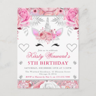 Unicorn Face Pink Silver Girl Kindergeburtstag Postkarte