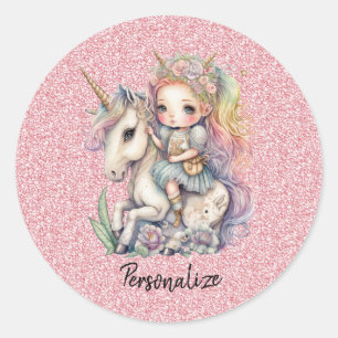 Unicorn Fairy Princess Pink Glitzer Fantasy Girl Runder Aufkleber