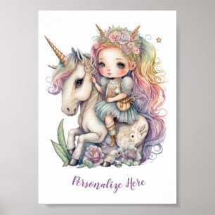 Unicorn Fairy Princess Rainbow Colors Personalisie Poster