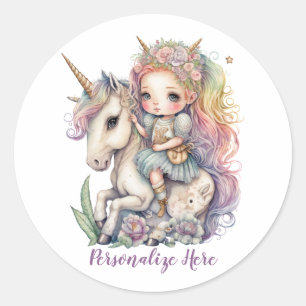 Unicorn Fairy Princess Rainbow Colors Personalisie Runder Aufkleber