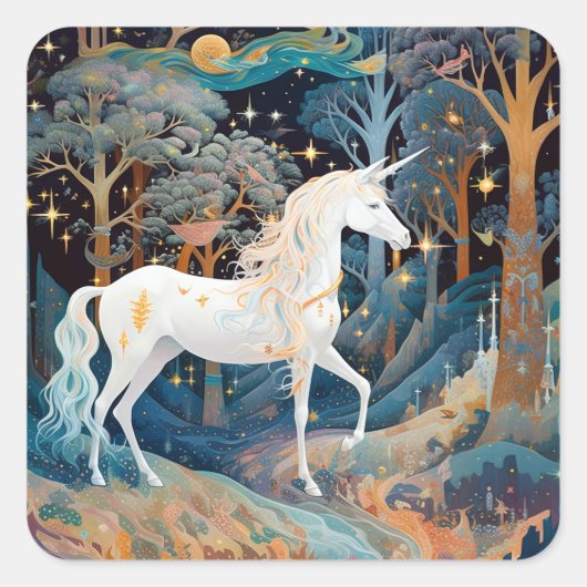 Unicorn Fantasy Art Quadratischer Aufkleber (Vorderseite)