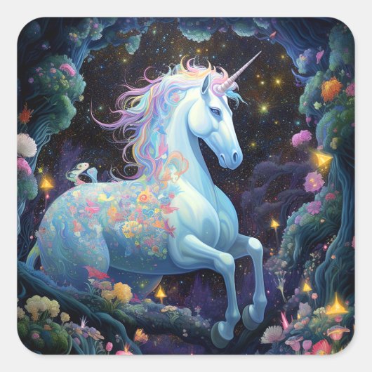 Unicorn Fantasy Art Quadratischer Aufkleber (Vorderseite)