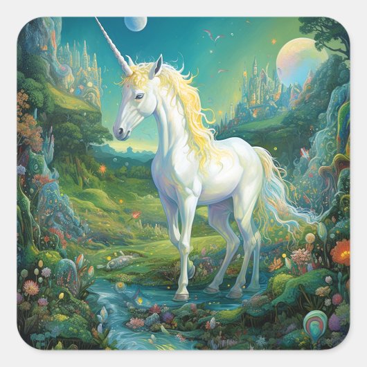Unicorn Fantasy Art Quadratischer Aufkleber (Vorderseite)