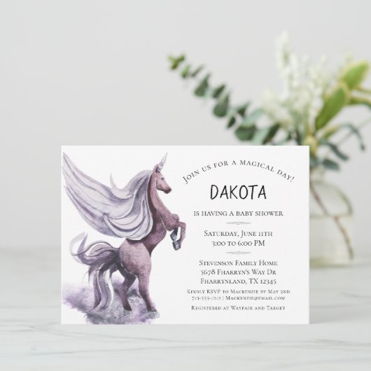 Unicorn Fantasy | Magische Lila Wasserfarbendusche Einladung (Stehend Vorderseite)