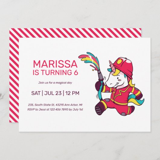 Unicorn Firefighter Cartoon Kindergeburtstag Einladung (Vorne/Hinten)