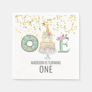 Unicorn First Birthday Gold Aqua Rosa Napkins Serviette