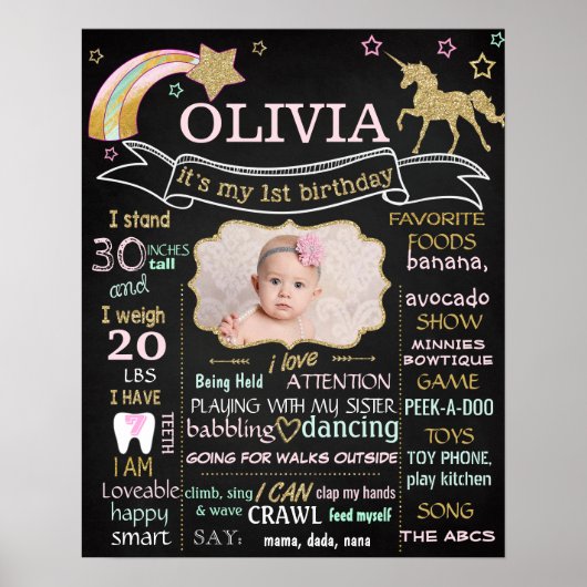 Unicorn First Birthday Party Chalkboard-Zeichen Fo Poster (Vorne)