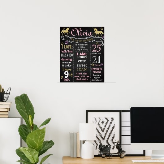 Unicorn First Birthday Party-Chalkboard-Zeichen Poster (Heimbüro)