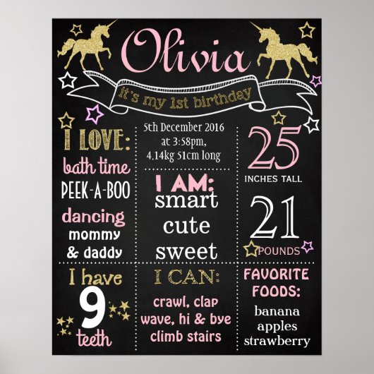 Unicorn First Birthday Party-Chalkboard-Zeichen Poster (Vorne)