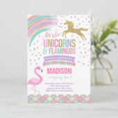 Unicorn & Flamingo Geburtstag Einladung Magic Part (Stehend Vorderseite)