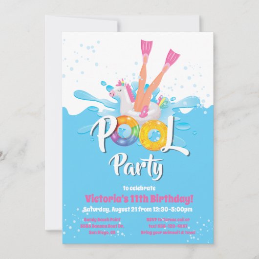 Unicorn Flippers Pool Party Einladung (Vorderseite)