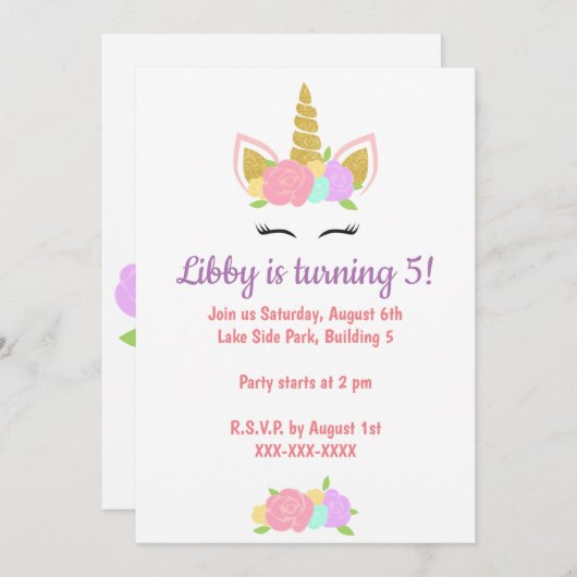 Unicorn Floral Birthday Party Invitation Einladung (Vorne/Hinten)